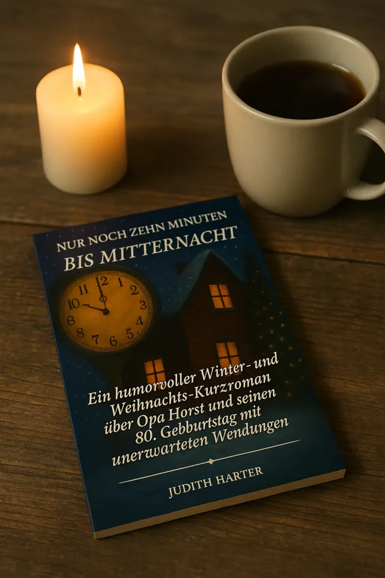 Buch „Nur noch zehn Minuten bis Mitternacht“ von Judith Harter liegt auf einem Holztisch, daneben eine dampfende Tasse Tee und eine brennende Kerze – warmes, gemütliches Winter-Mockup für eine wahre Wintergeschichte.